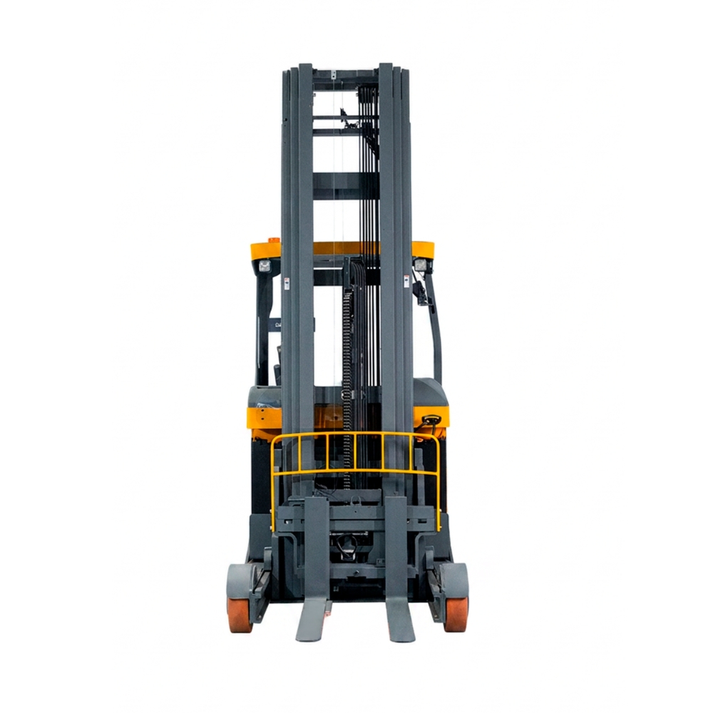 Vista frontal da empilhadeira retrátil EquipaPRO RTX2074 MAX, com mastro e porta-garfos
